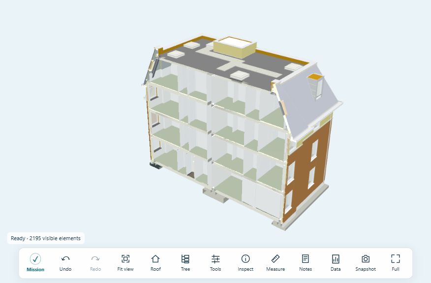 Schependomlaan displayed in Soban Model Lab, with a vertical section revealing rooms and floors inside the multistorey building and review tools below.